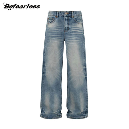 Whisker Washed Straight Denim Jeans WN26245