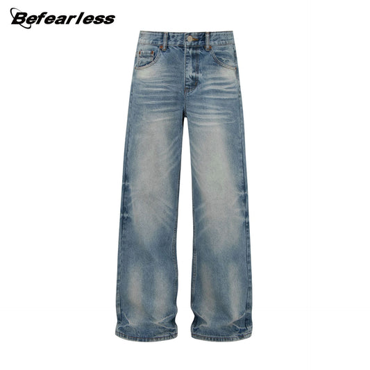 Whisker Washed Straight Denim Jeans WN26245