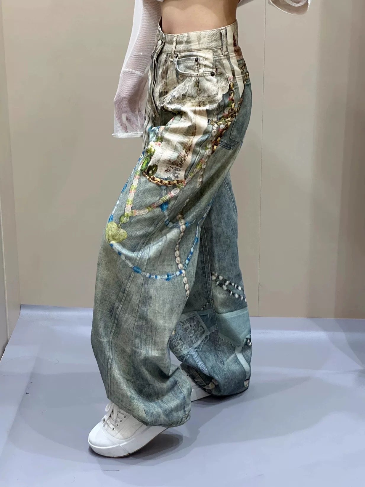 3D Print Washed Wide Leg Denim Jeans WN23038