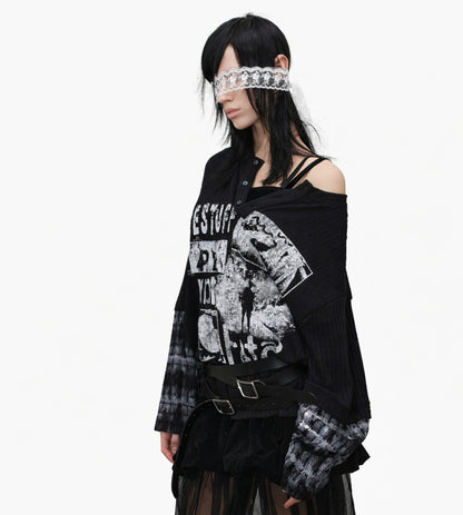Ribbed Graphic Print Long Sleeve T-Shirt WN28073