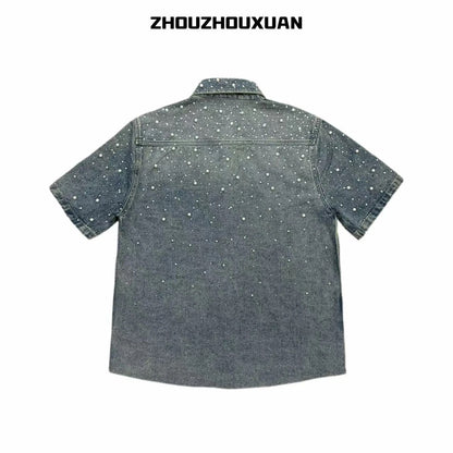 Pearl Decoration Wash Short Sleeve Denim Shirt WN20711