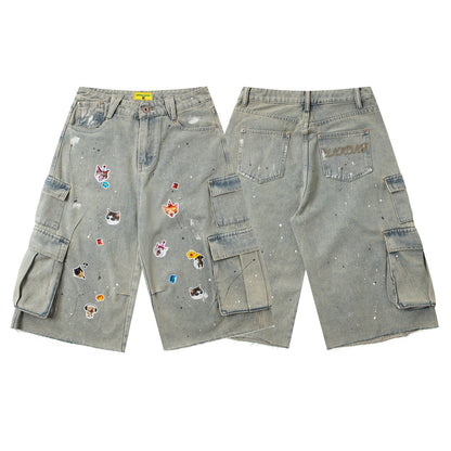 Sticker Paint Cargo Half Denim Jeans WN26747
