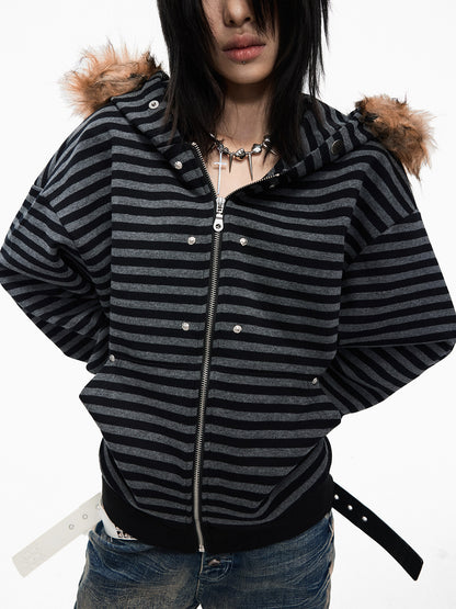 Fur Collar Stripe Oversize Zipper Hoodie WN27336