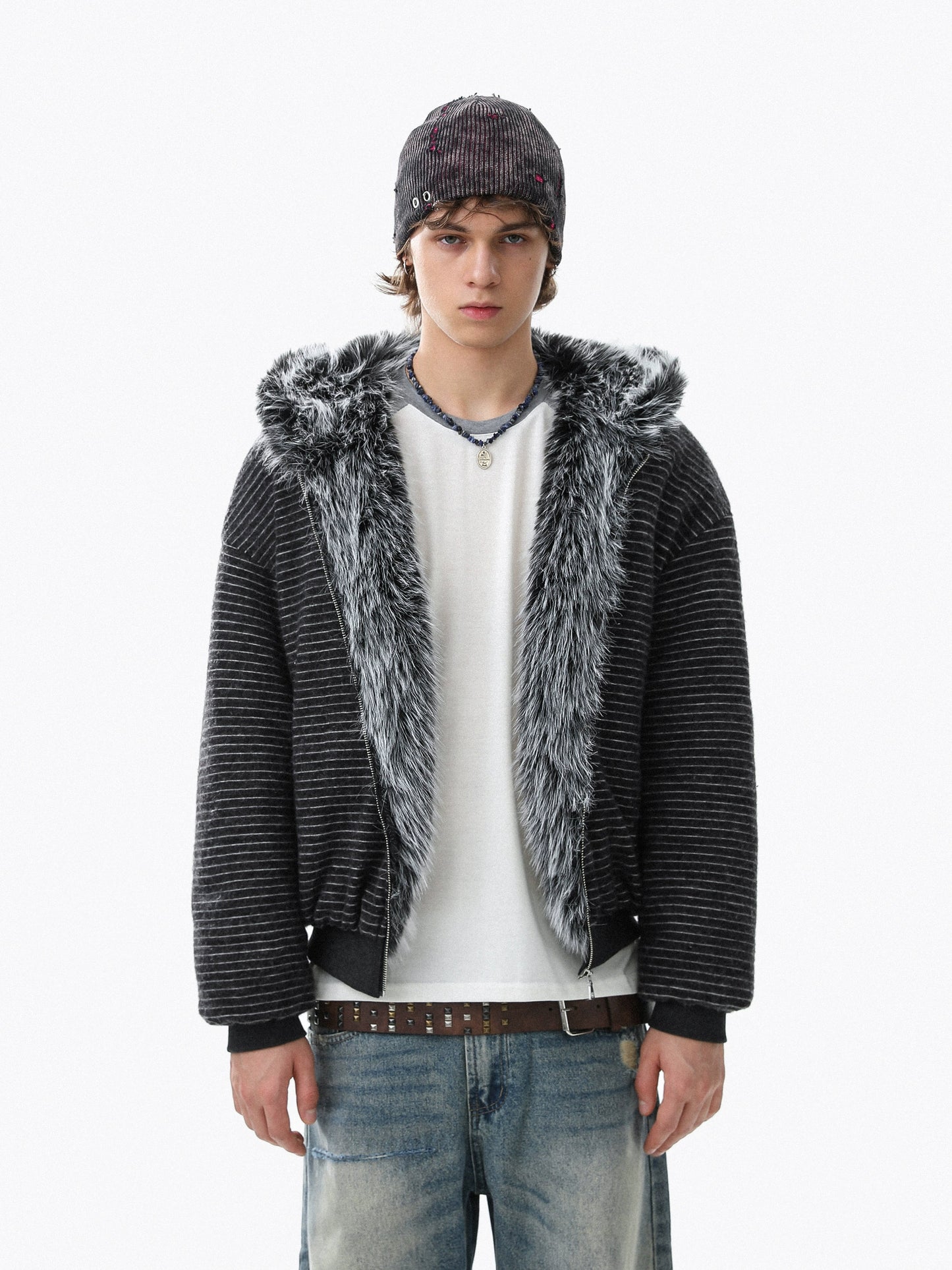 Fake Fur-Collar Stripe Zipper Hoodie WN22098