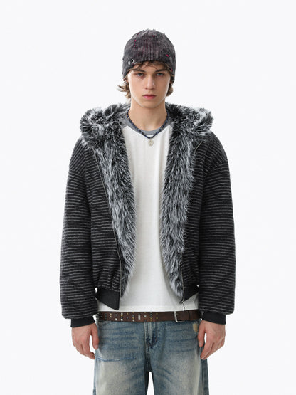Fake Fur-Collar Stripe Zipper Hoodie WN22098