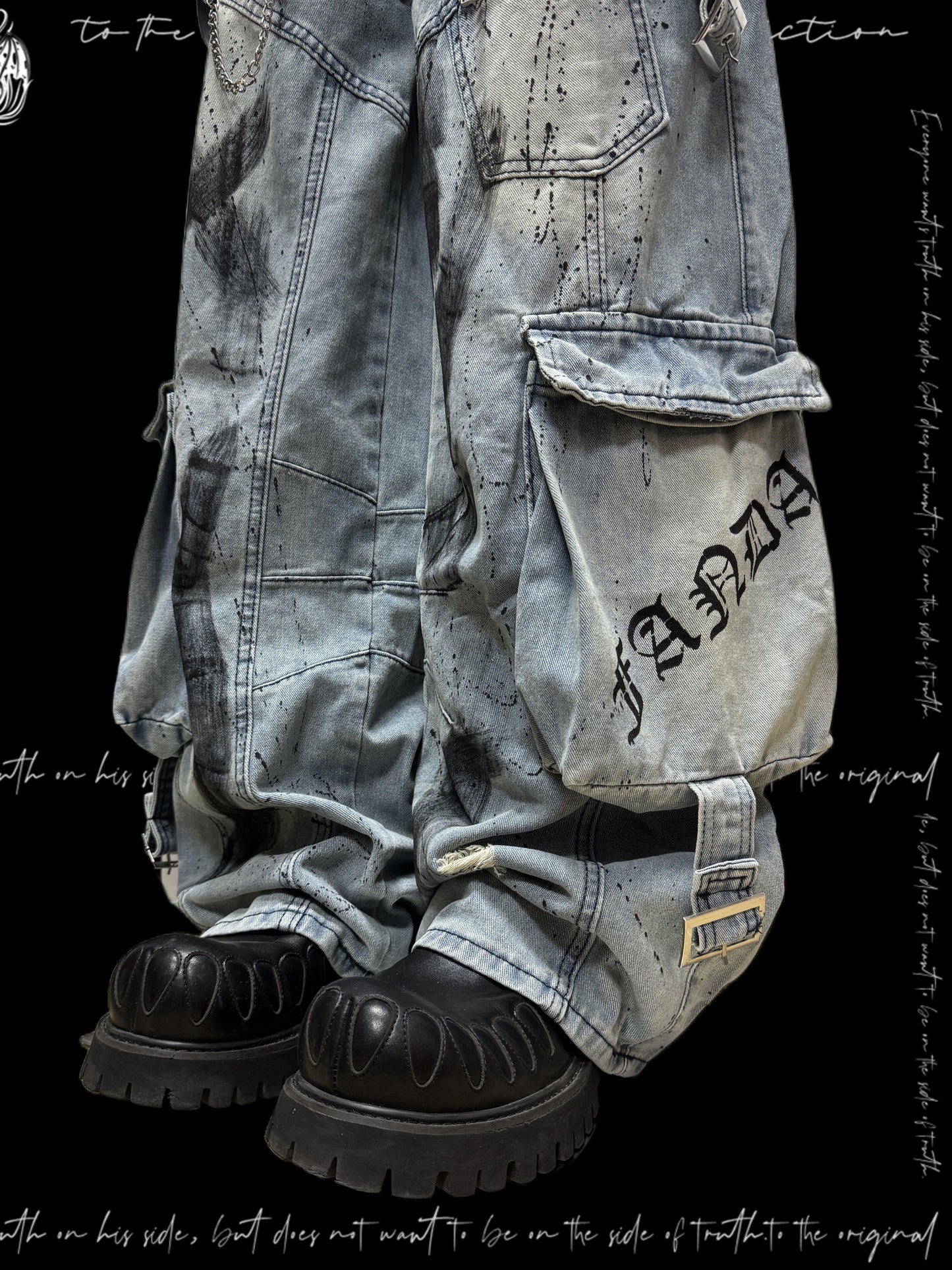 Paint Splash Damage Cargo Wide Leg Denim Jeans & Skull Belt & Belt Chain WN23817