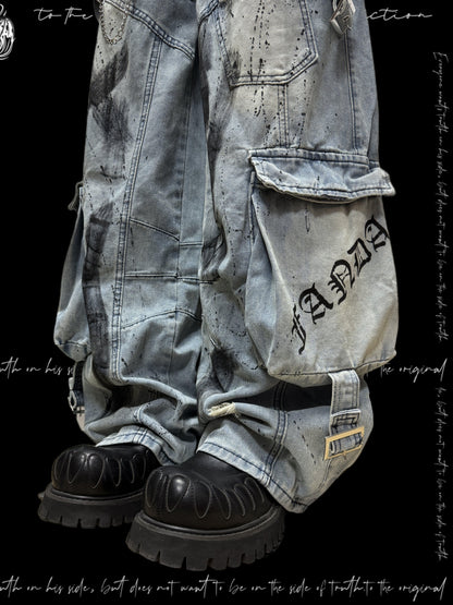 Paint Splash Damage Cargo Wide Leg Denim Jeans & Skull Belt & Belt Chain WN23817