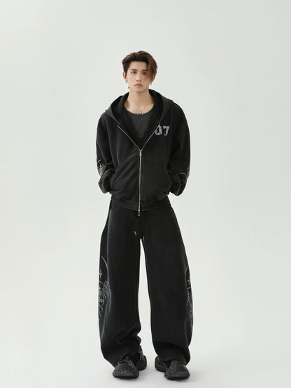 Double Zipper Embroidery Hoodie & Wide Leg Swaetpants Setup WN16285