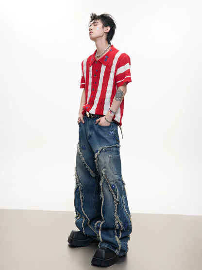 Sequin Embroidery Curved Raw Hem Wide Leg Denim Jeans WN18361