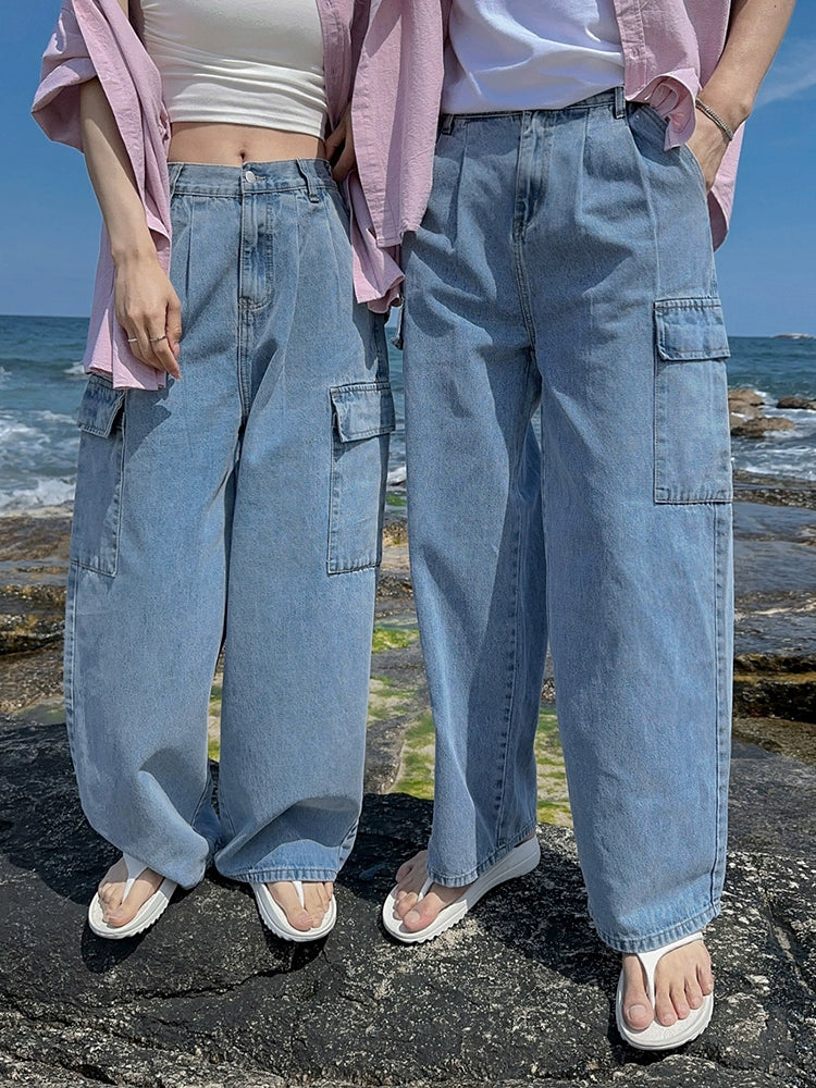Utility Wide Leg Straight Cargo Denim Jeans WN20253