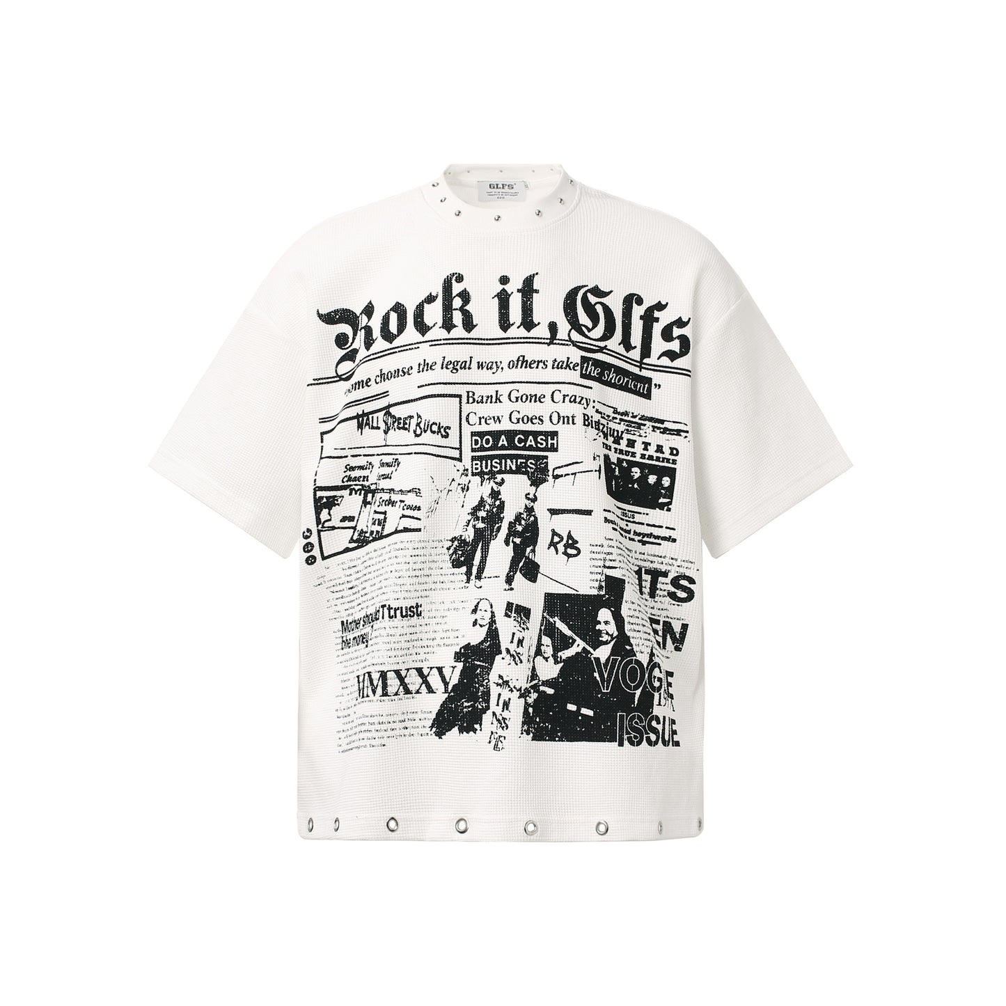 Waffle Newspaper Print Studs Short Sleeve T-Shirt WN25995