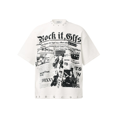 Waffle Newspaper Print Studs Short Sleeve T-Shirt WN25995