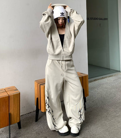 Thorn Print Zipper Hoodie & Thorn Print Wide Leg Sweatpants Setup WN25656