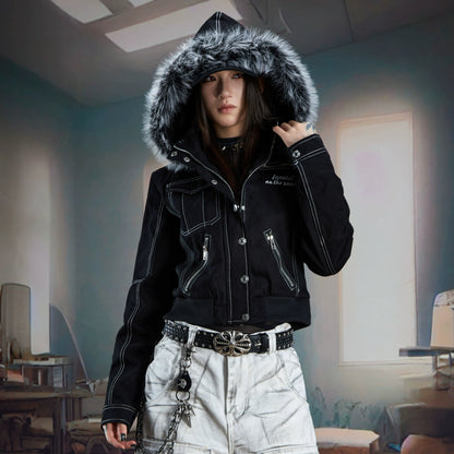 Embroidery Detachable Fur-Collar Denim Jacket WN21352