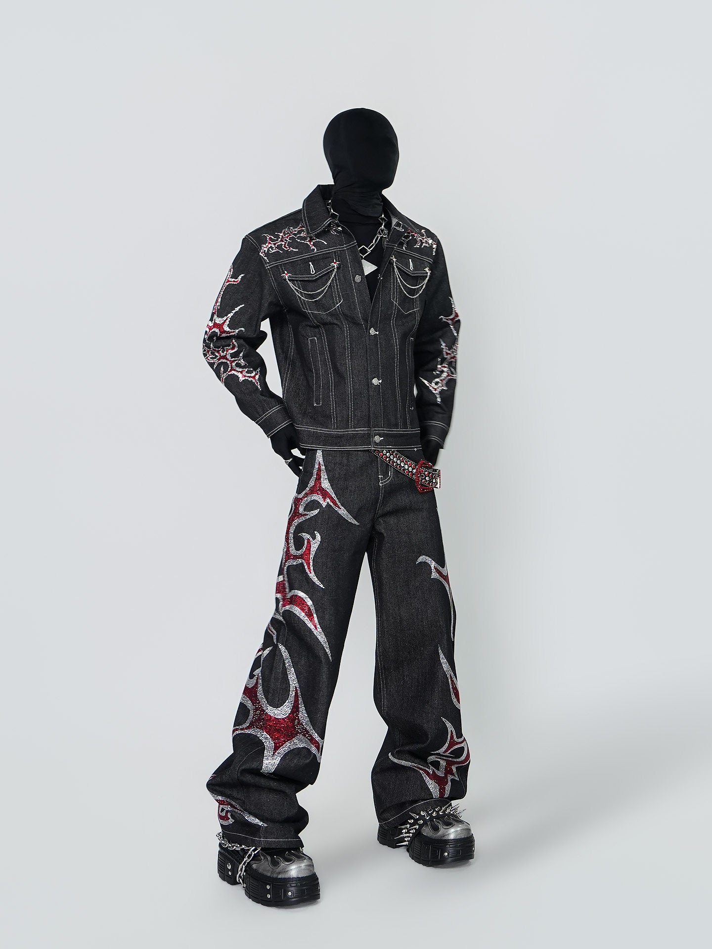 Rinestone Design Denim Jacket & Rinestone Design Wide Leg Pants Setup WN24296