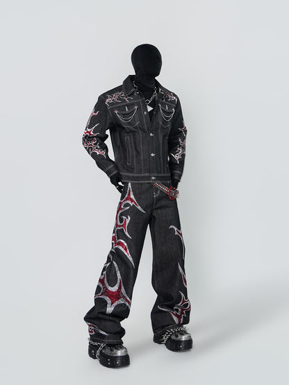 Rinestone Design Denim Jacket & Rinestone Design Wide Leg Pants Setup WN24296