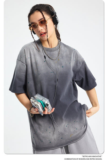 Ink Splash Spray Dye Washed Short Sleeve T-Shirt WN16275