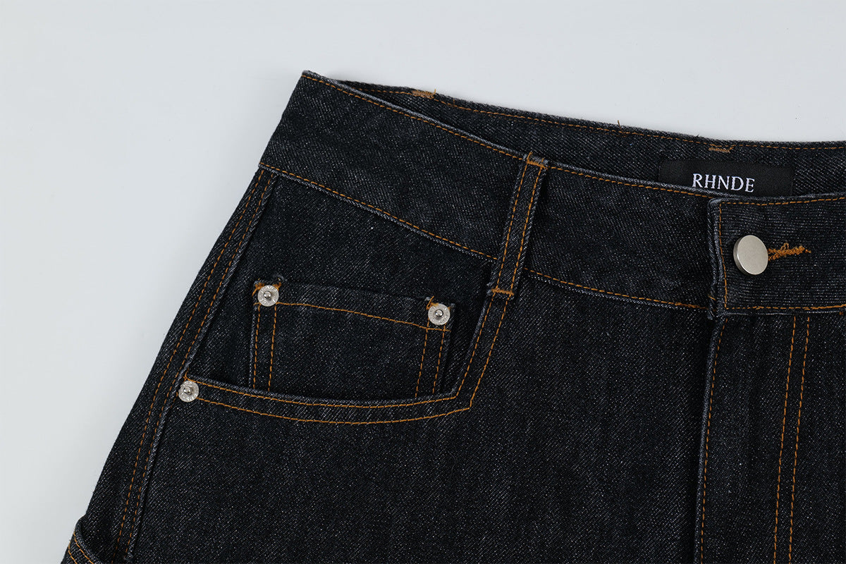 Patchwork Washed Straight-Leg Denim Jeans WN11327