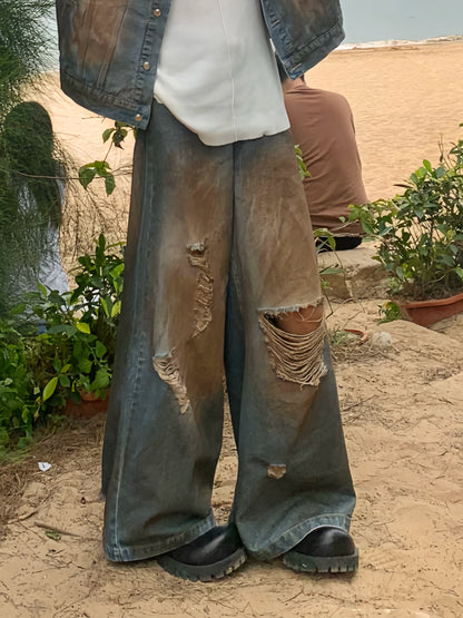 Damage Washed Denim Jacket & Wide Leg Denim Jeans Setup WN19728