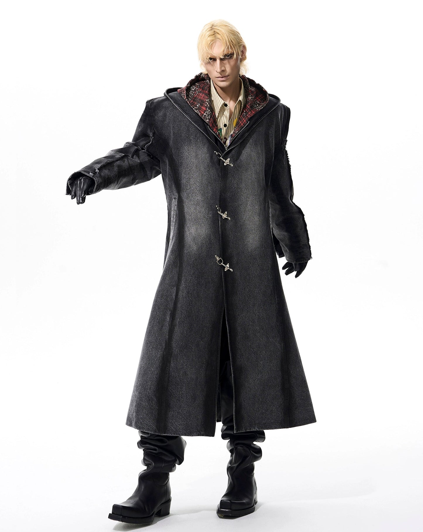 Hooded Shoulder-Pad Denim Long Trench Coat WN21780