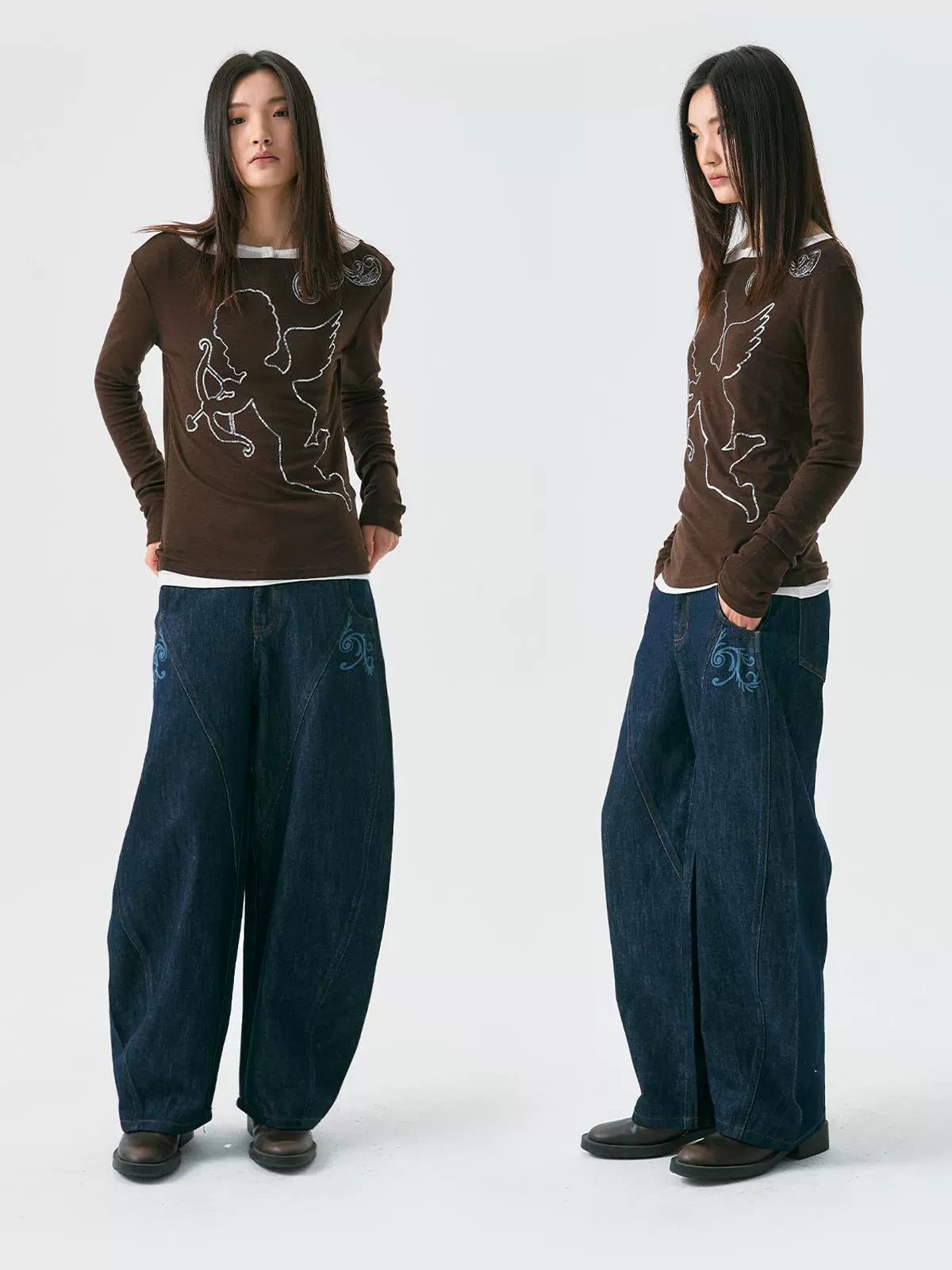 Flower Embroidery Curved Blade Denim Jeans WN18970