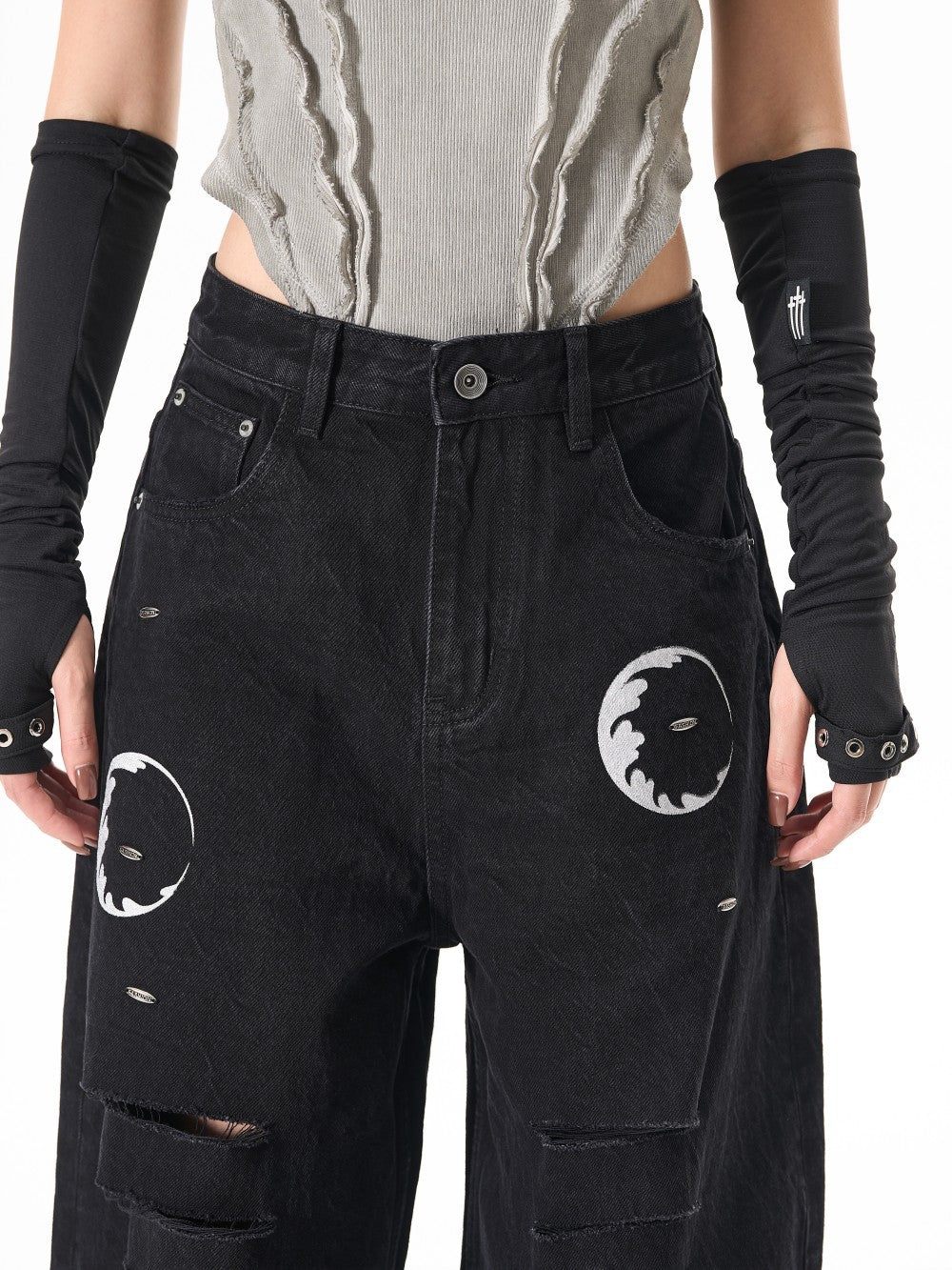 Ripped Circle Print Wide Leg Denim Jeans WN27892