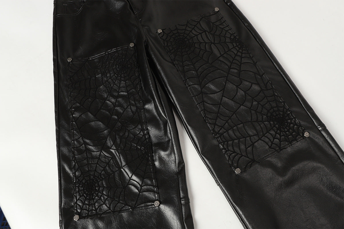 PU Leather Embroidery Wide Leg Pants WN23060