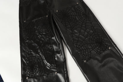 PU Leather Embroidery Wide Leg Pants WN23060