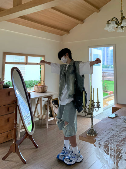 Washed Denim Vest & Damage Denim Half Jeans Setup WN19819