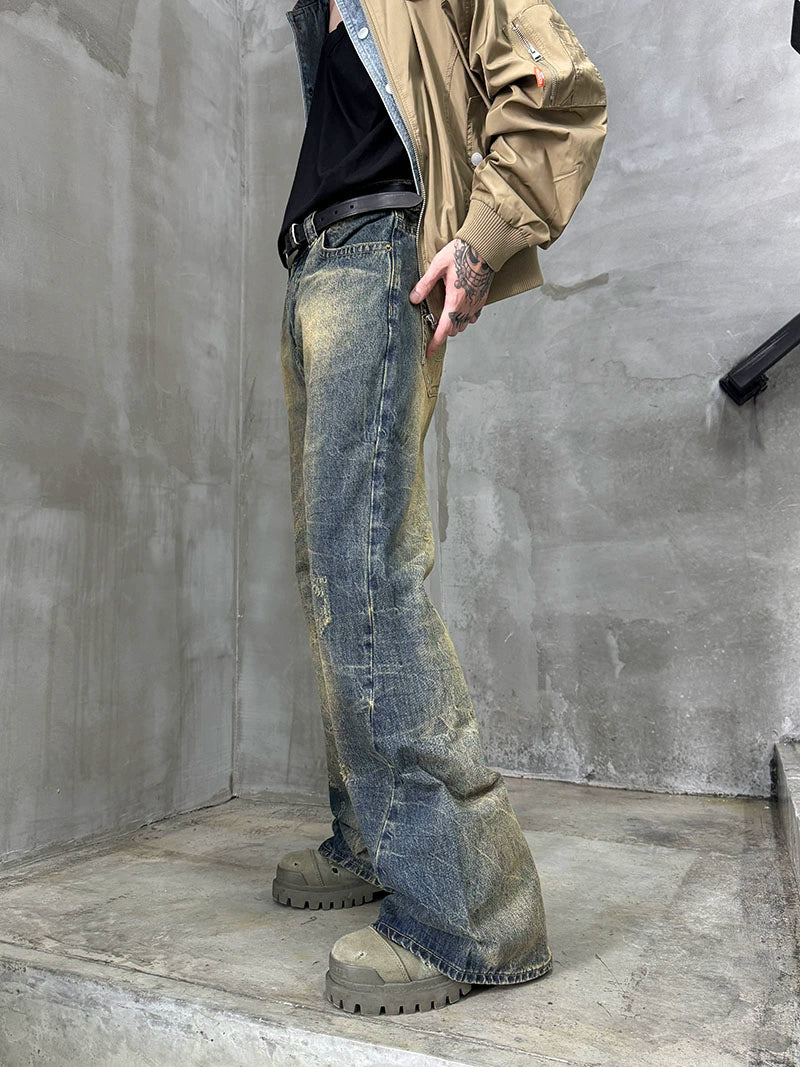 Washed Damage Straight Wide Leg Denim Jeans WN21181