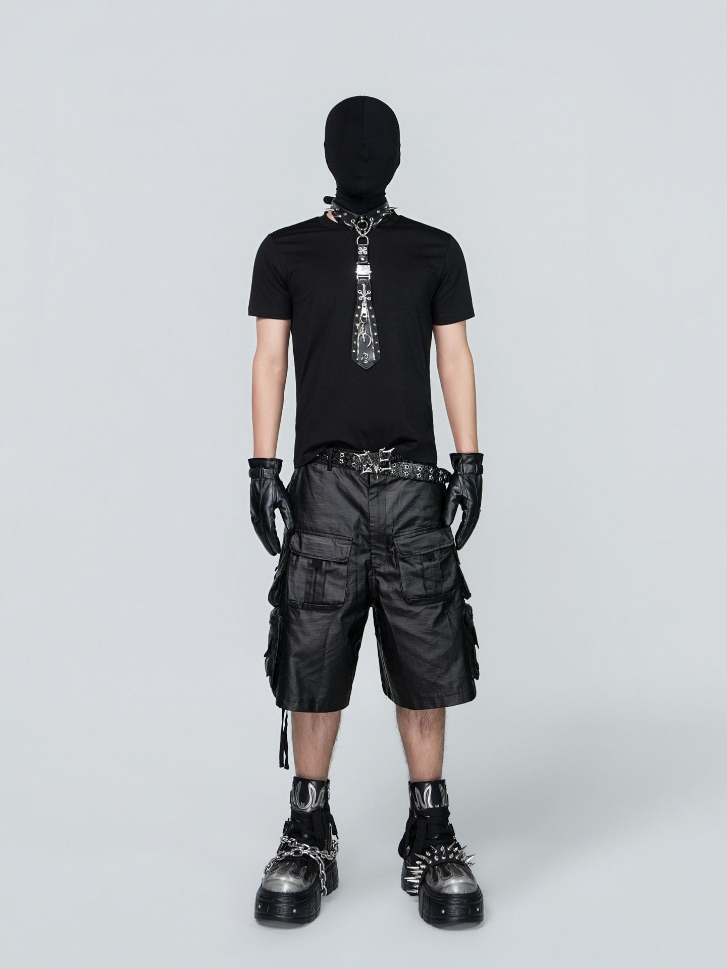 PU Leather Multi Pocket Chain Cargo Short Pants WN24313