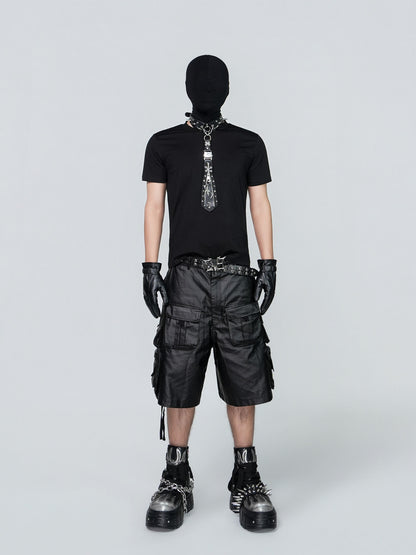 PU Leather Multi Pocket Chain Cargo Short Pants WN24313