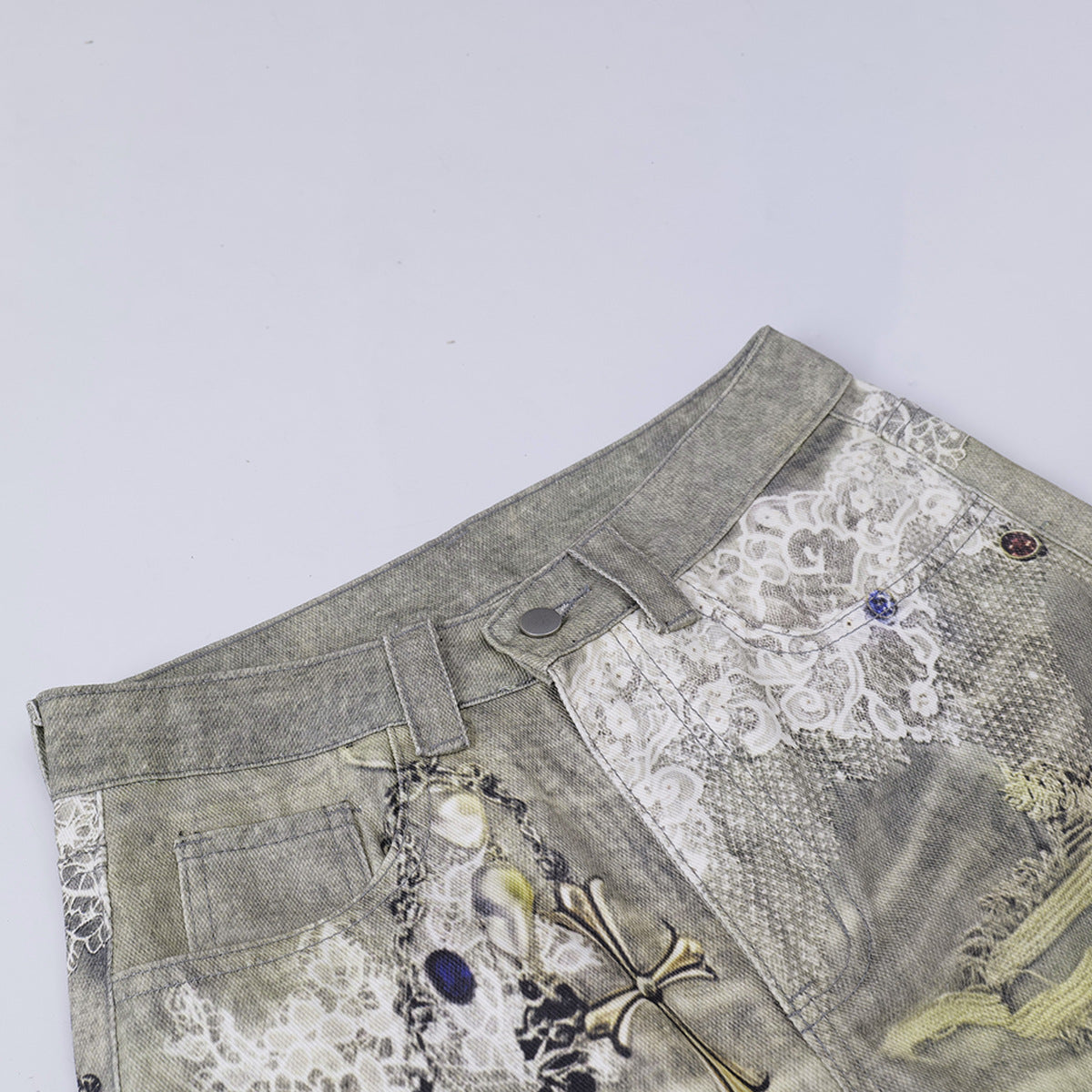 Lace Print Damage Washed Straight Denim Jeans WN18596