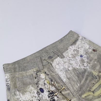 Lace Print Damage Washed Straight Denim Jeans WN18596