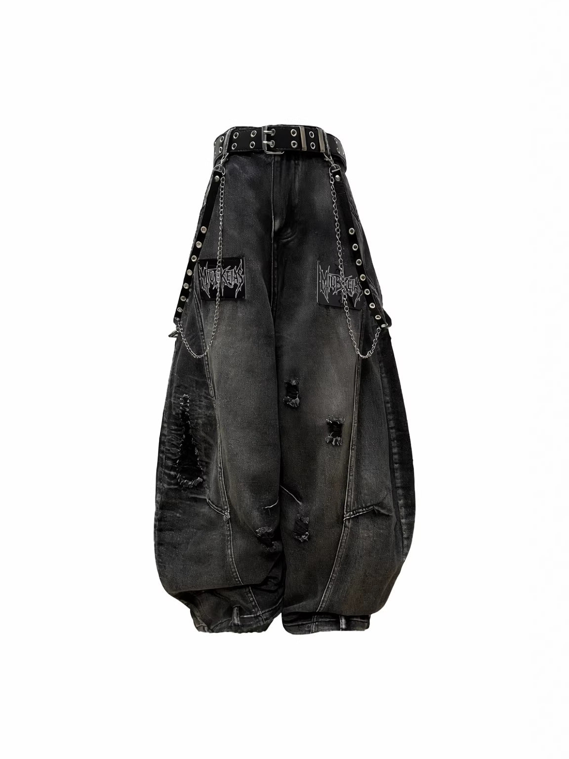 Ripped Metal Chain Wide Leg Denim Jeans WN27870