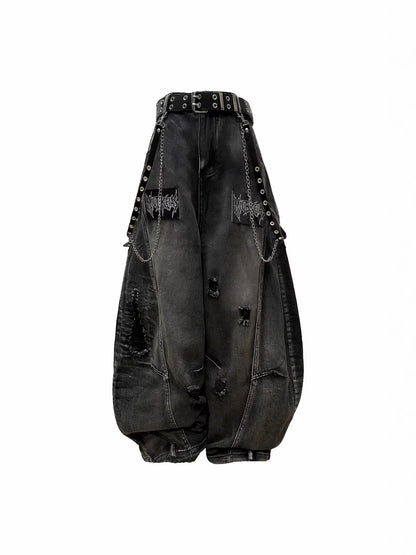 Ripped Metal Chain Wide Leg Denim Jeans WN27870