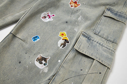 Sticker Paint Cargo Half Denim Jeans WN26747