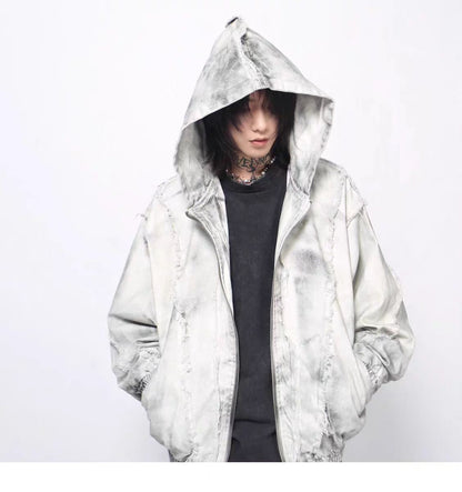 Frayed Damage Hooded Zipper Jacket WN27974