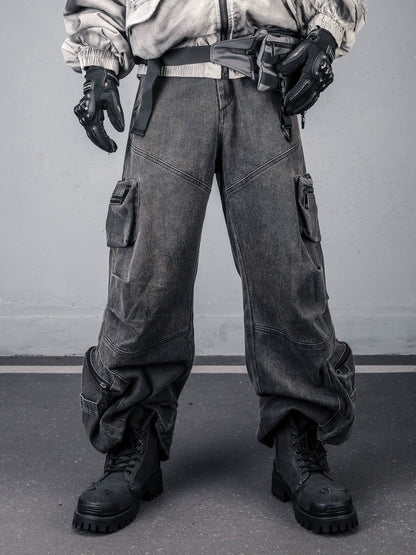 Wash Multi-Pocket Fleece Lining Cargo Denim Jeans WN22436