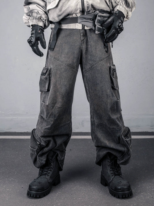 Wash Multi-Pocket Fleece Lining Cargo Denim Jeans WN22436