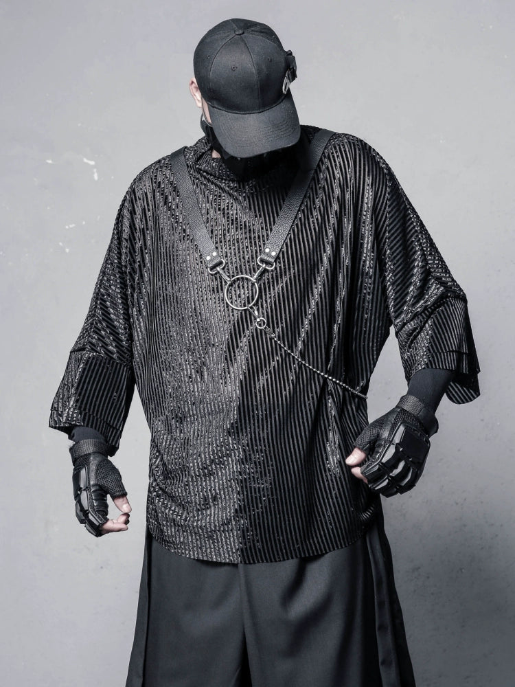 Texture High-Neck Oversize Long Sleeve T-Shirt & Chain WN22370