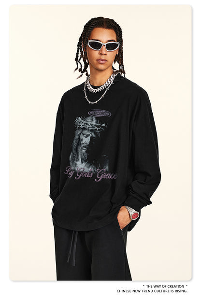 Water Washed Wax Print Long Sleeve T-Shirt WN7885