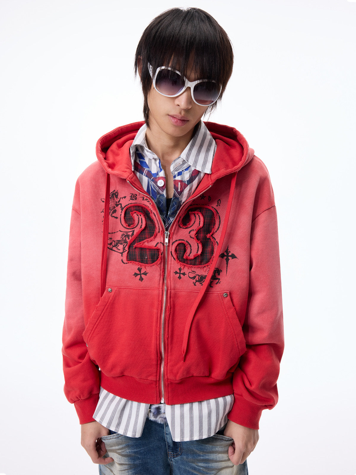 Washed Number Graphic Print Zipper Hoodie WN27261
