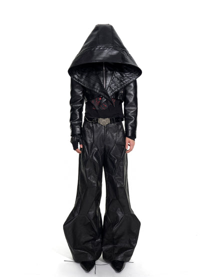 Bat Hat Design PU Leather Hooded Short Jacket WN20926
