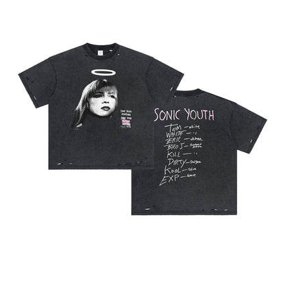 Washed Damage Digital Spray Print Short Sleeve T-Shirt WN16279