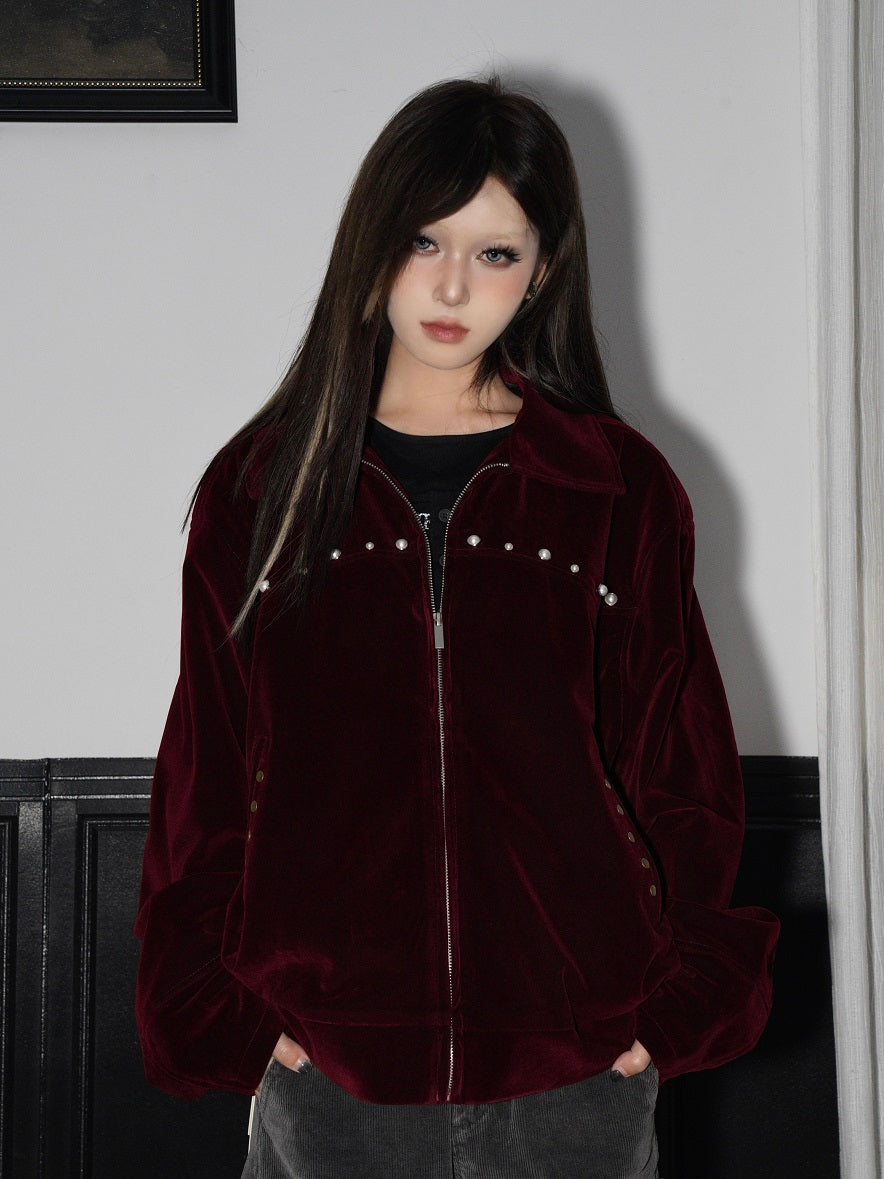 Fake Pearl Rivet Design Short Zipper Jacket WN22189