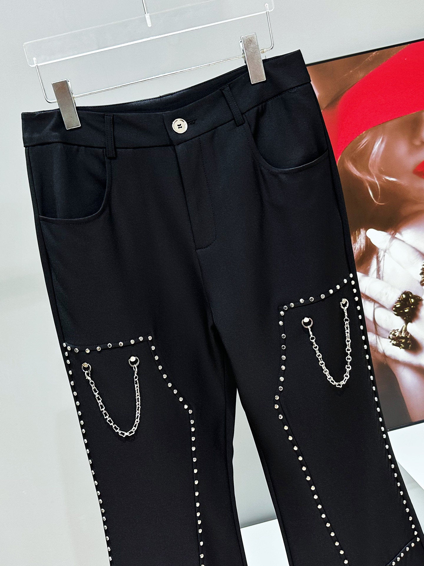 Studs Chain Deconstructed Wide Leg Flare Trousers WN23940