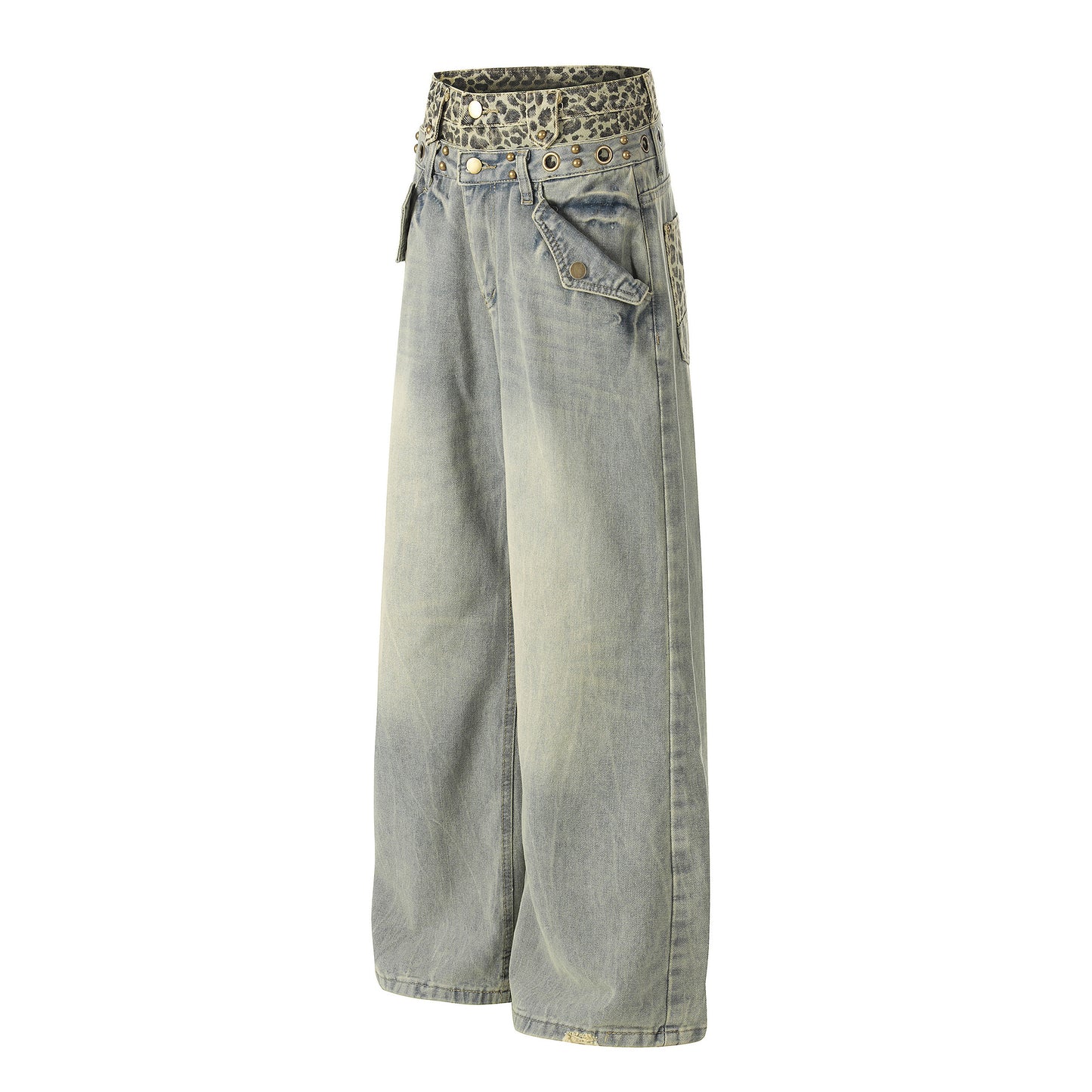 Leopard Waistband Washed Whisker Wide Leg Denim Jeans WN25566