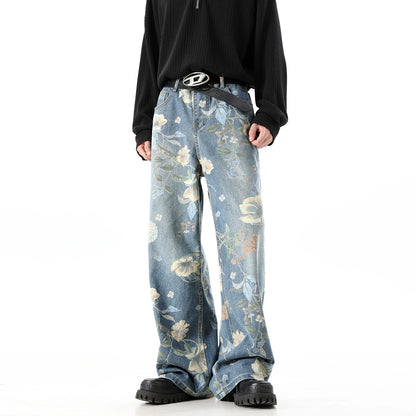 Flower Print Wide-Leg Straight Denim Jeans WN10501