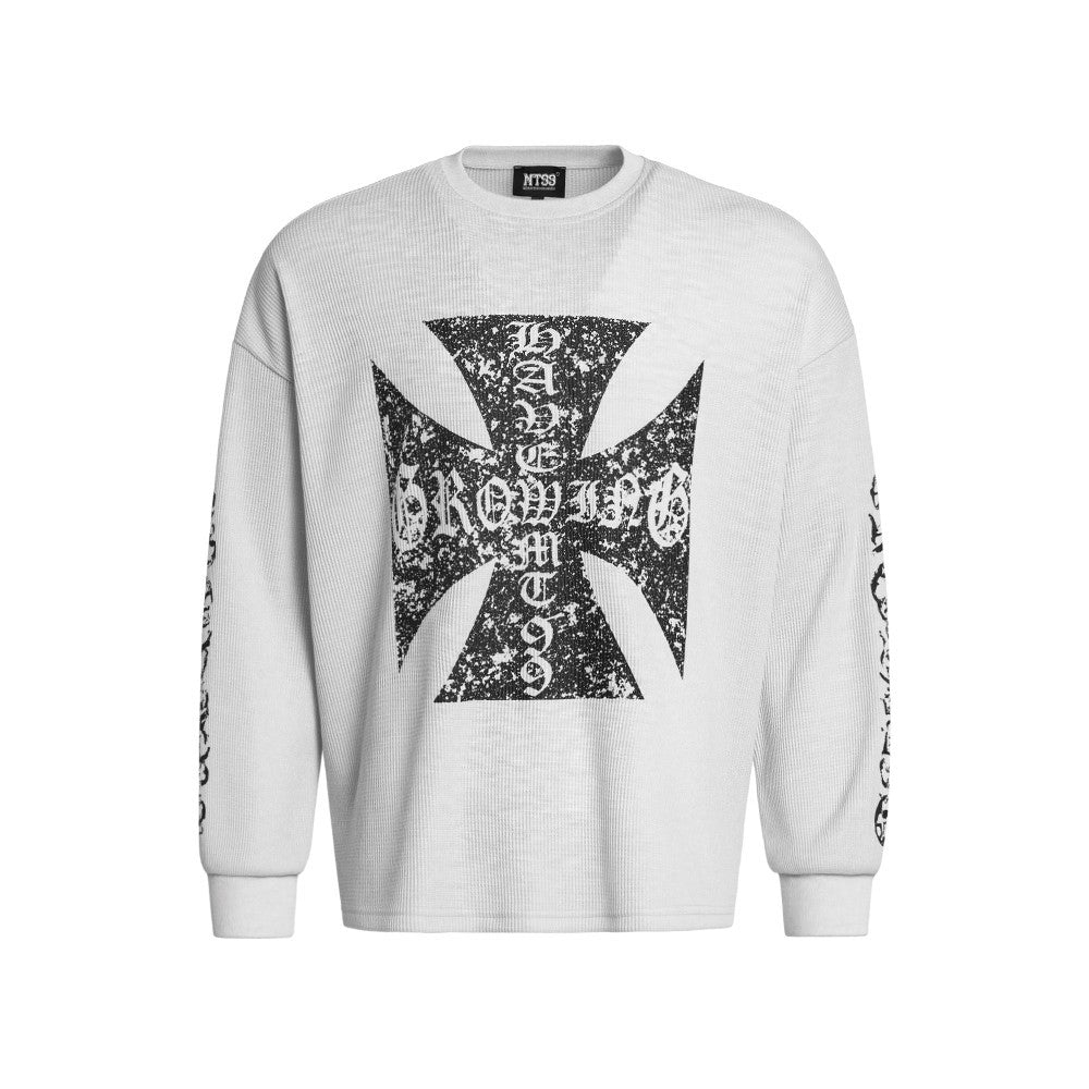 Cross Waffle Gothic Print Oversize Long Sleeve T-Shirt WN27901